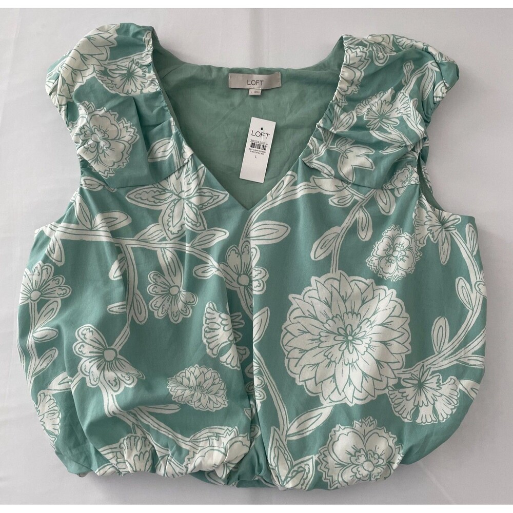 LOFT Blouse Womens Large Green Cream Floral Ruffle Sleeve V Neck Cotton Blend NW